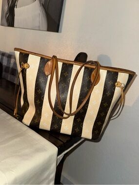 Louis Vuitton Rayures Brown and Cream Striped Monogram Neverfull Tote